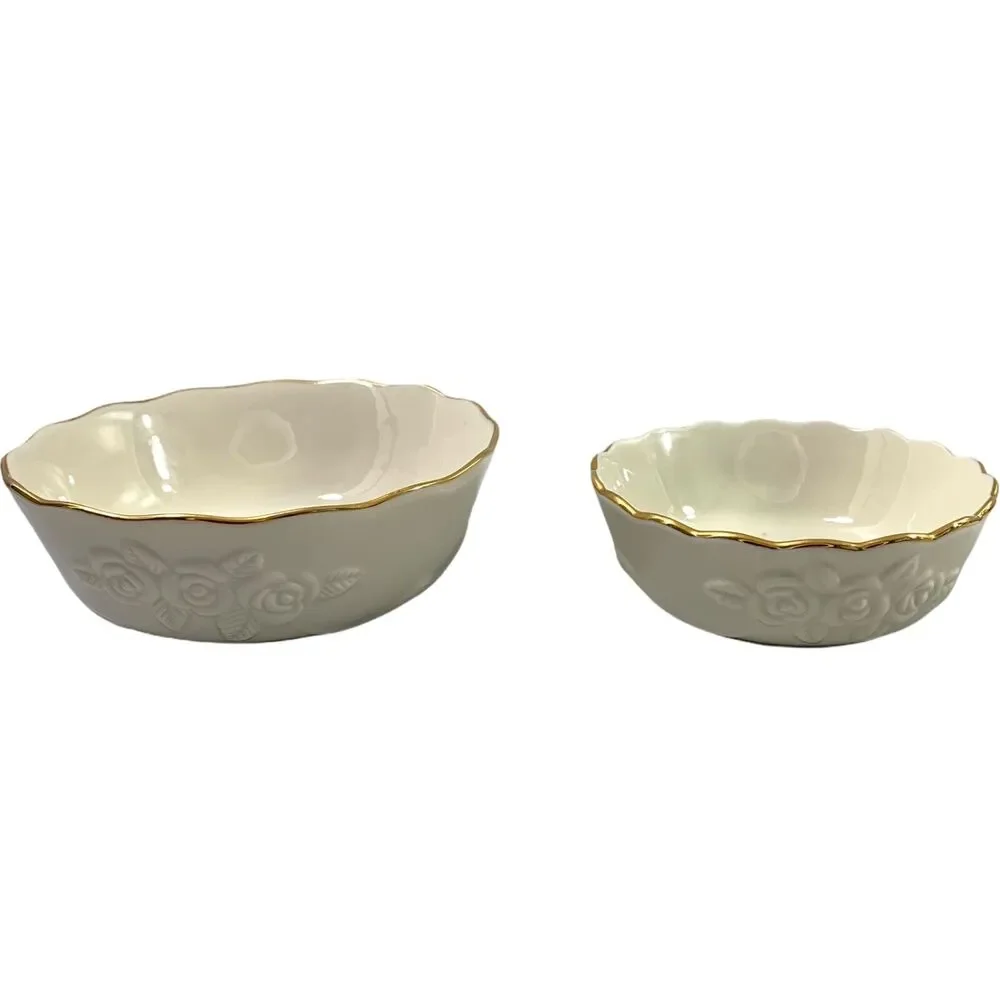2 Lenox Bowls Ivory Embossed Rose Floral Scalloped Edge Handcraft‎ Goldtone Trim